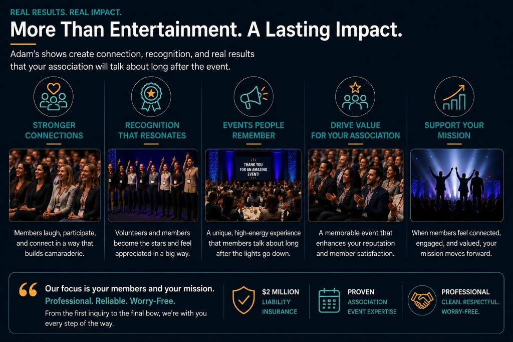 Association event impact graphic showing member connection, recognition, memorable shared experiences, professional presentation and event value.
