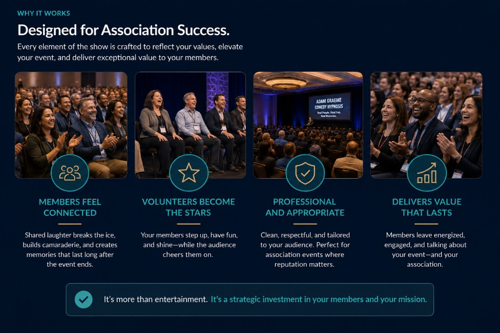 Why comedy hypnosis works for association events, showing member connection, volunteer participation, professional presentation and lasting event value.