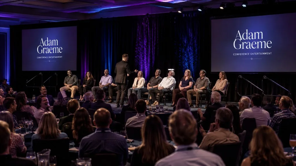 Adam Graeme performing an interactive comedy hypnosis show with conference volunteers onstage and the audience watching