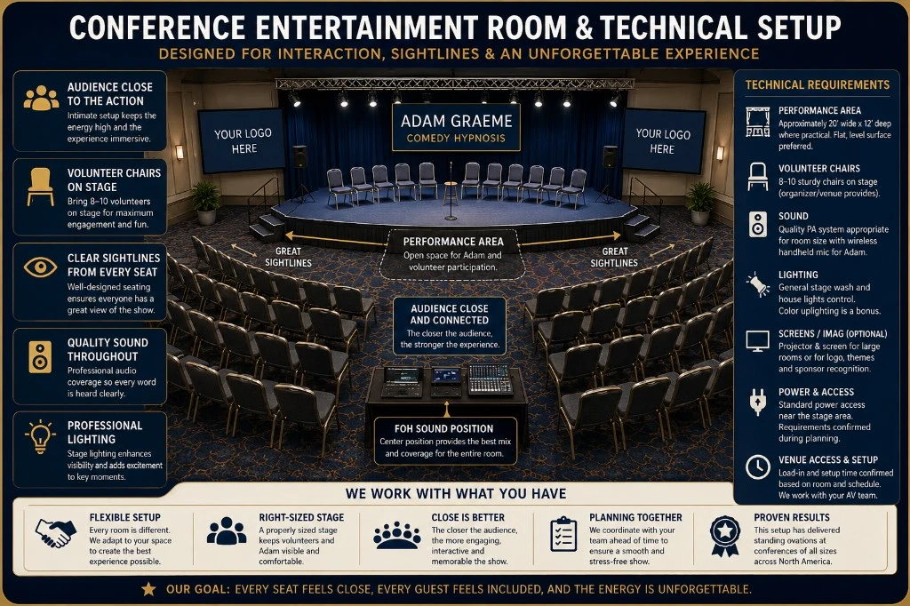 Conference entertainment room and technical setup showing the performance area, volunteer chairs, audience sightlines, sound, lighting and AV coordination.