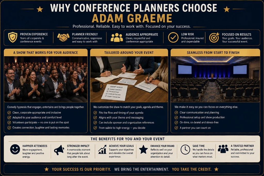 Infographic summarizing Adam Graeme conference entertainment, including audience-appropriate comedy, event customization, professional planning and production coordination.