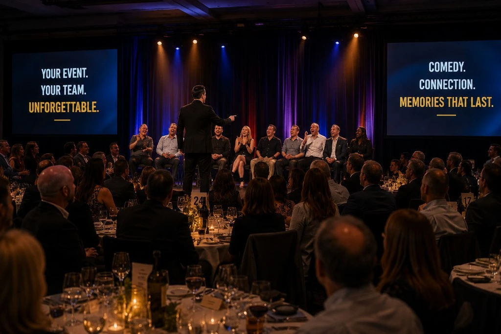 Corporate banquet audience watching a comedy hypnosis show with volunteers on stage