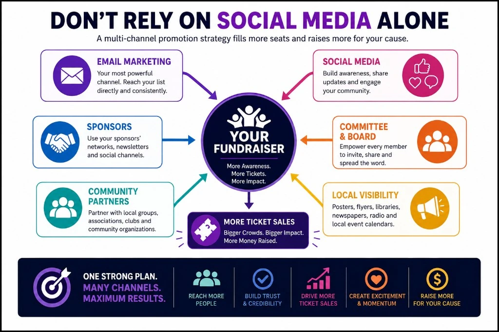 Multi-channel fundraising promotion strategy using email, social media, sponsors, committees, community partners and local visibility