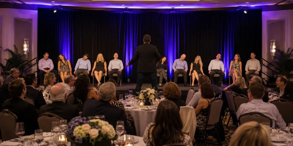 Comedy hypnosis entertainment at a fundraising gala with volunteers onstage and guests seated at banquet tables