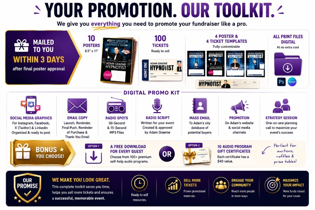 Fundraising promotion toolkit with printed posters, event tickets, digital social media graphics, email copy, radio ads and promotional support