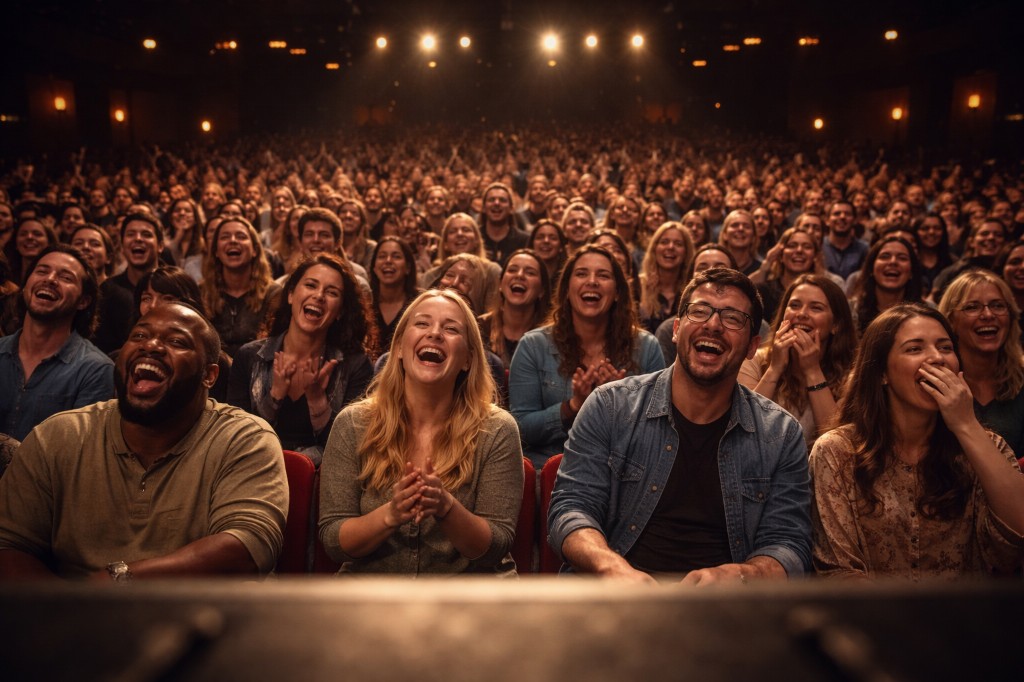 Large audience in a theater laughing and clapping, seen from the stage